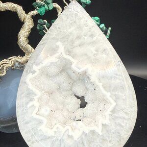 White Agate Druzy Tear Drop With Goethite Inclusions Quartz: 4.38" Tall